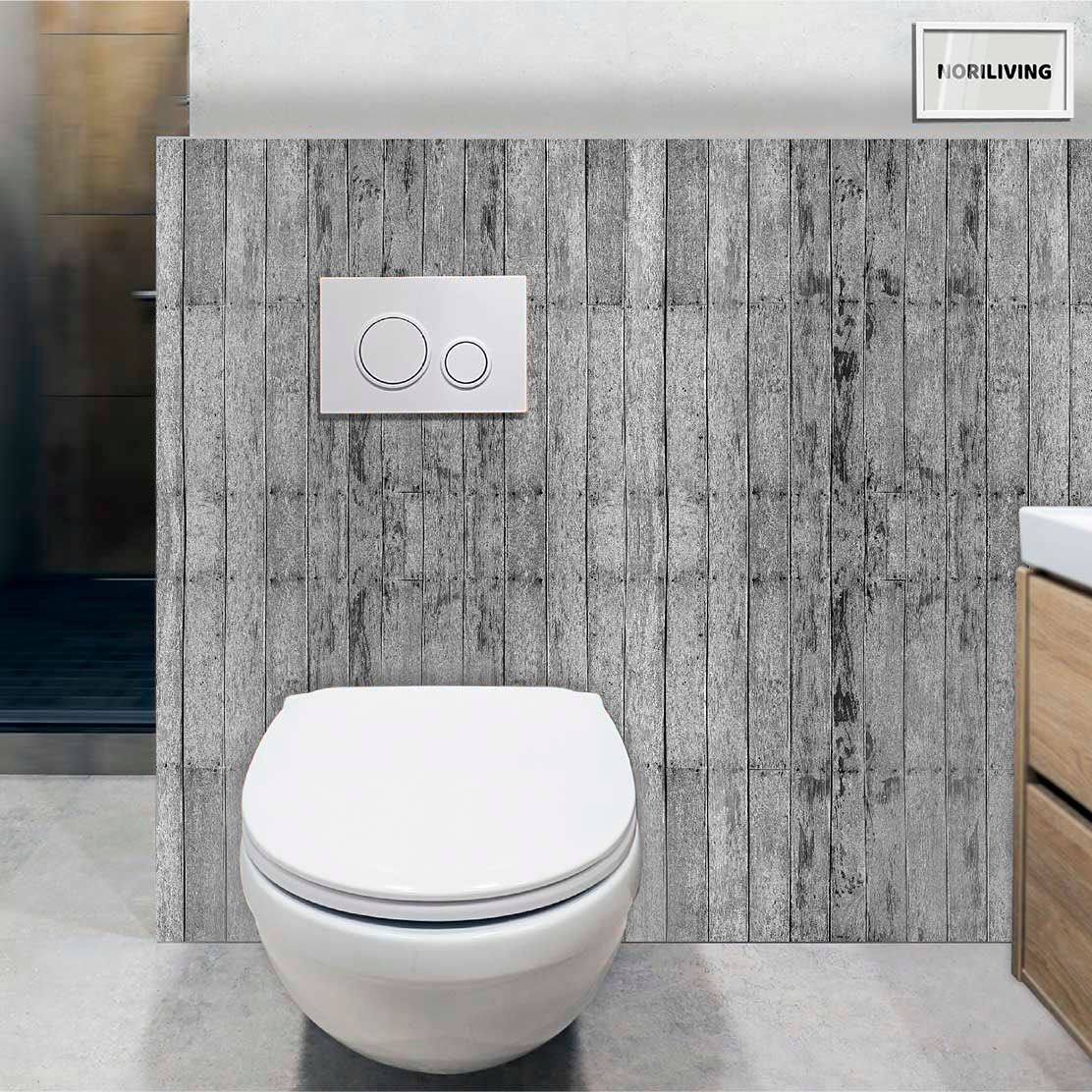 im WC eingebaute Toilettenrückwand mit Motiv Hölzerner Hintergrund 578 schwarz-weiß