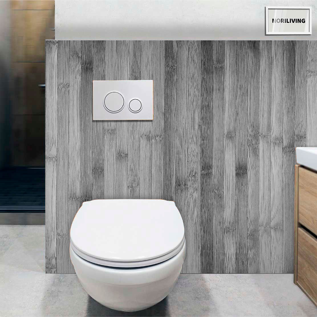 im WC eingebaute Toilettenrückwand mit Motiv Naturholzwand 109 schwarz-weiß