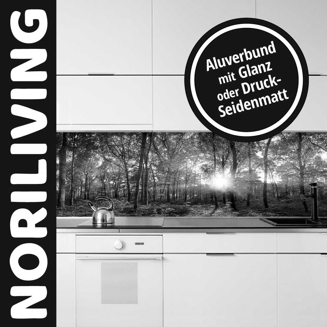 Stilvolle Küchenrückwand mit Waldmotiv in Schwarz-Weiß, erhältlich als glanz- oder druckseidenmatte Aluverbundplatte