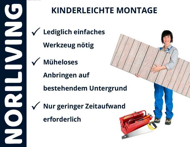Person hält Noriliving Paneele mit einfachem Werkzeug für mühelose Montage auf bestehendem Untergrund.