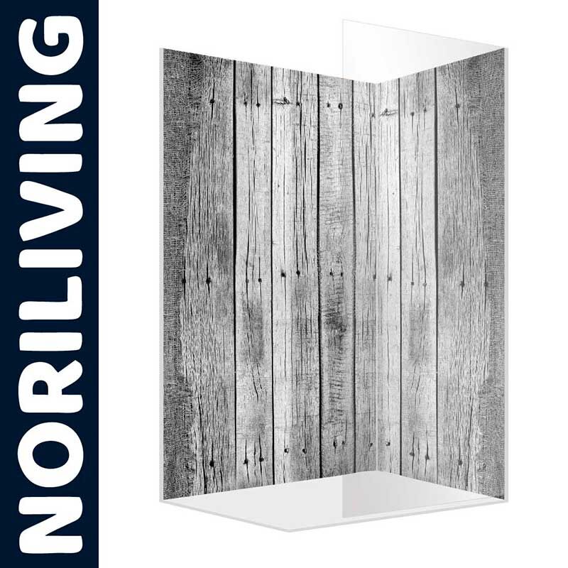 Duschwand mit einem Muster aus grauen Holzplanken, NORILIVING-Design