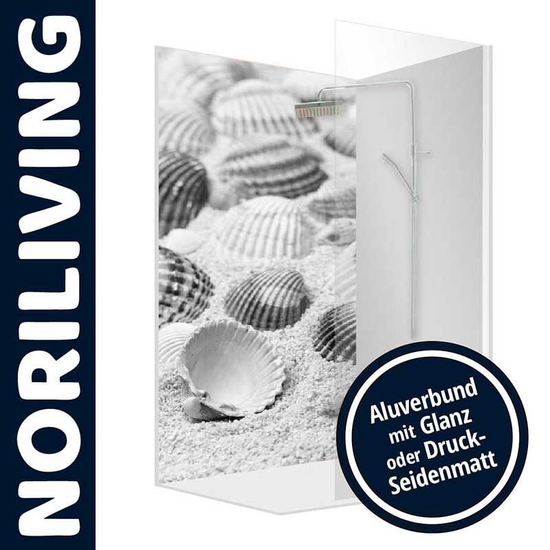 Duschtrennwand von Noriliving mit sandigem Muschelmotiv, erhältlich in Aluverbund mit Glanz oder Druck-Seidenmatt