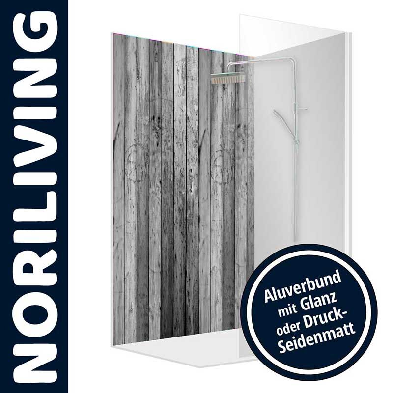 Duschwand von NORILIVING mit Alubund, Holzmuster, verfügbar in Glanz oder Seidenmatt-Ausführung